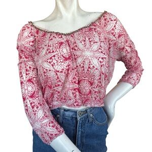 Free People Pink & White 3/4 Sleeve Crop Top Bronze Beaded Neckline Trim Small